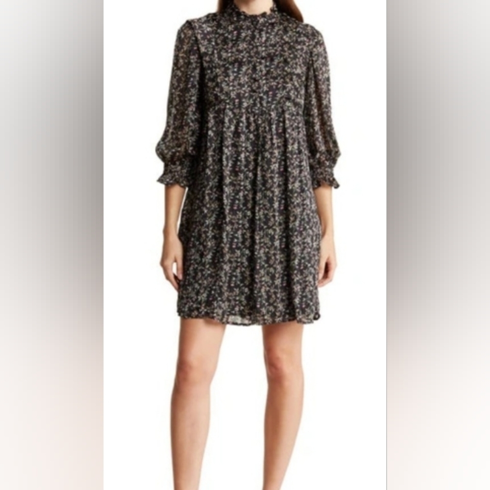 MELLODAY Floral Print Chiffon Babydoll Dress - Ruffle Mock Neck, 3/4 Sleeves XS